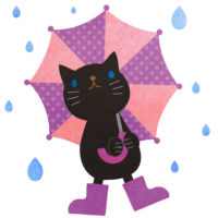 雨の中、水玉の傘をさした黒猫の無料イラストです