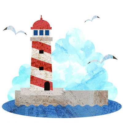 夏の海と灯台の、お洒落な無料イラストです。