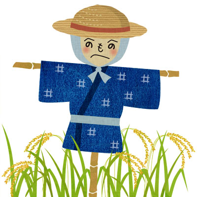 田んぼの中で麦藁帽をかぶった、へのへのもへじのかかしの無料イラストです。